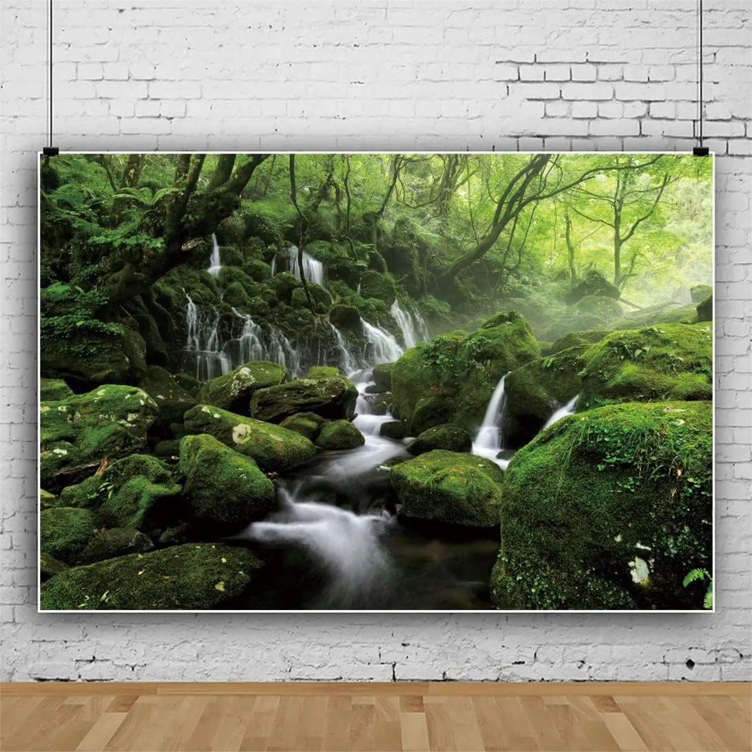 Leyiyi 20x10ft Forest Waterfall Backdrop Graceful Natural Scenery Photography Background Spring Scenery Misty Jungle Rock Mountain Flowing Stream Rainforest Birthday Party Events Photo Studio Props