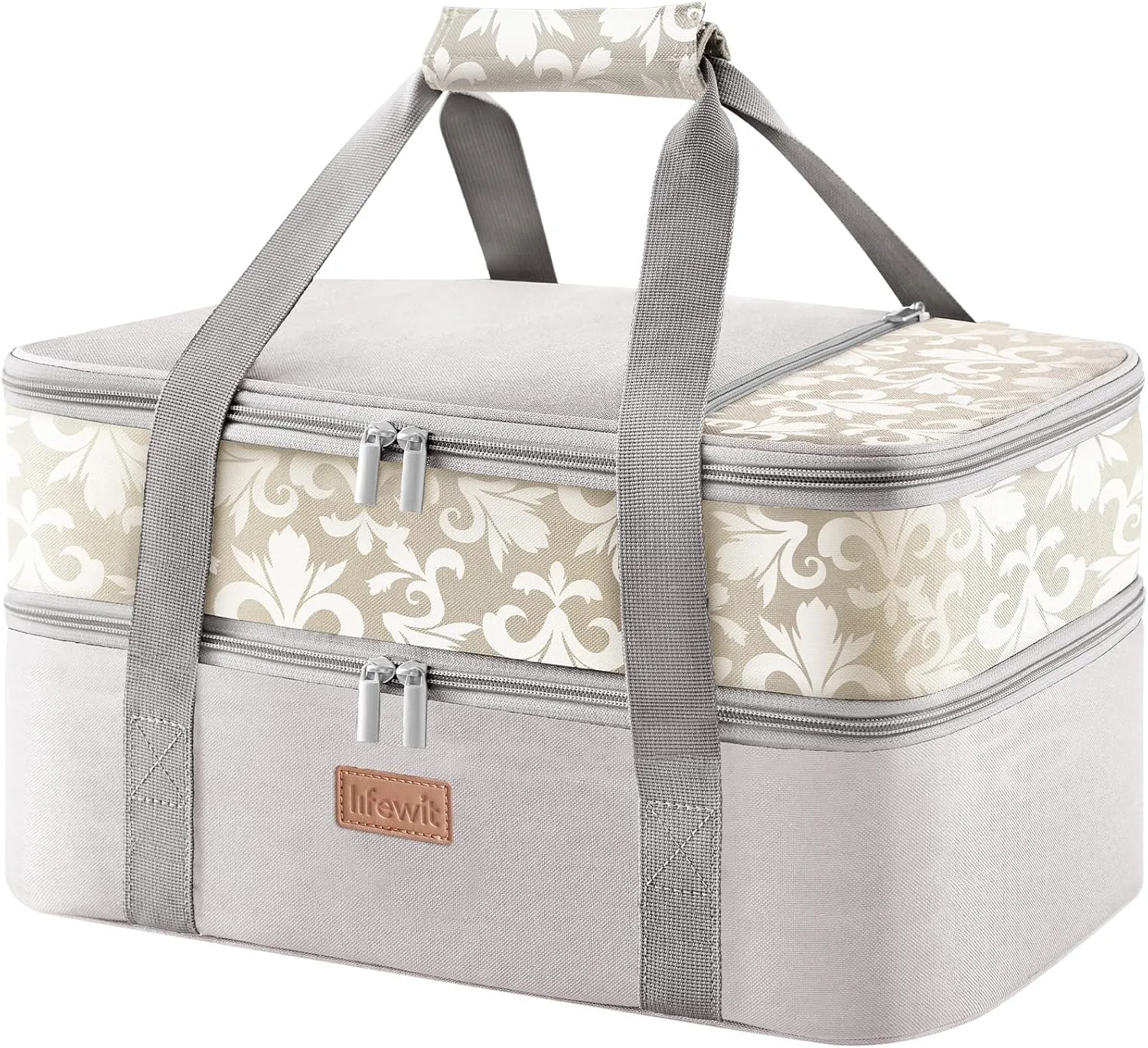 Lifewit Double Decker Casserole Carrier for Hot or Cold Food, Insulated Casserole Baking Dish Bag Food Carrier, Lasagna Holder for Potluck/Parties/Picnic/Cookouts, Fits 9"x13" Baking Dish, Grey