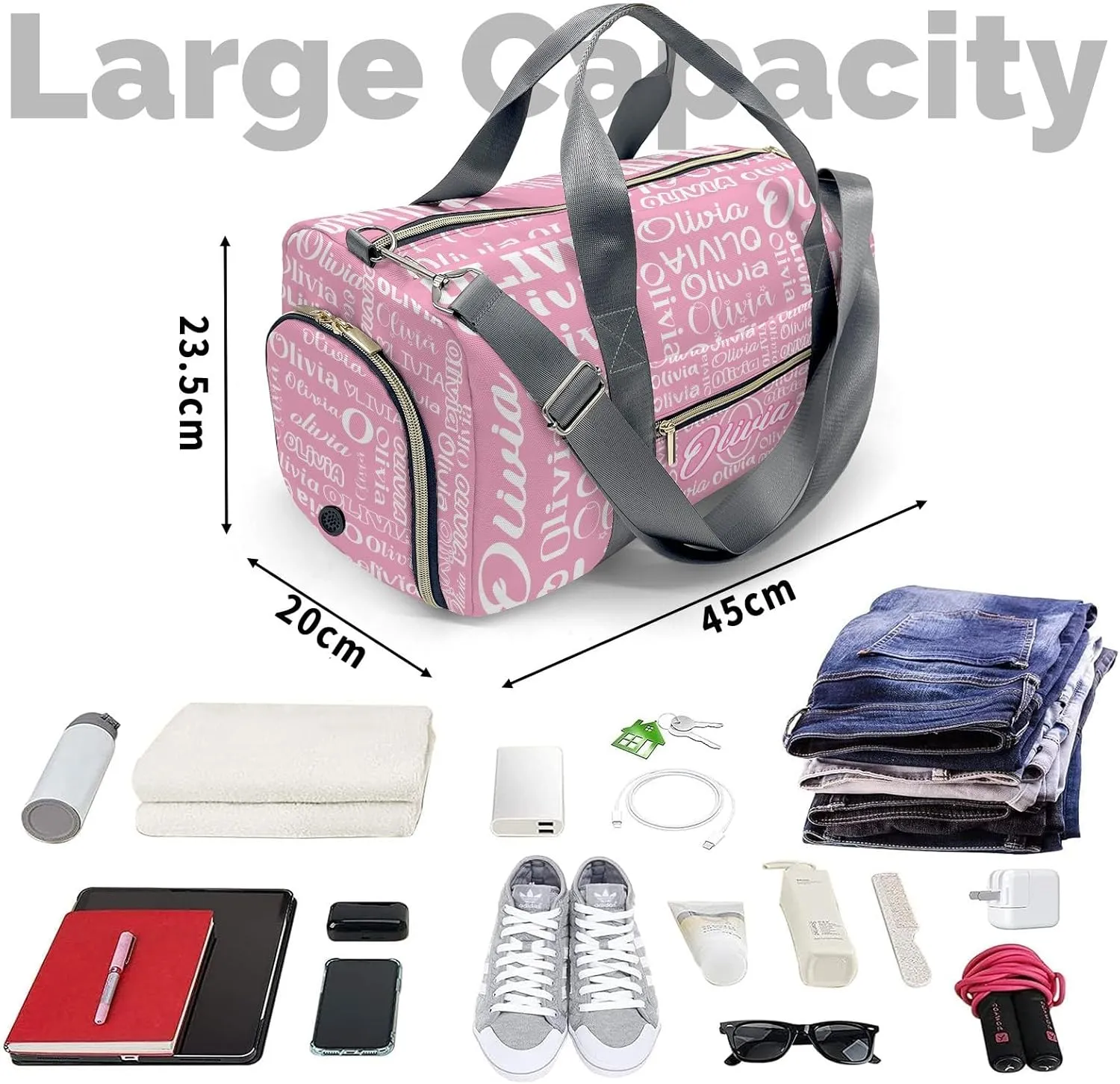 Light Pink Personalized Duffel Bag with Name Text Custom Travel Bag for Woman Men Sports Gym Dance Bags Wet Dry Pockets Shoe Compartment Overnight Weekend Bag