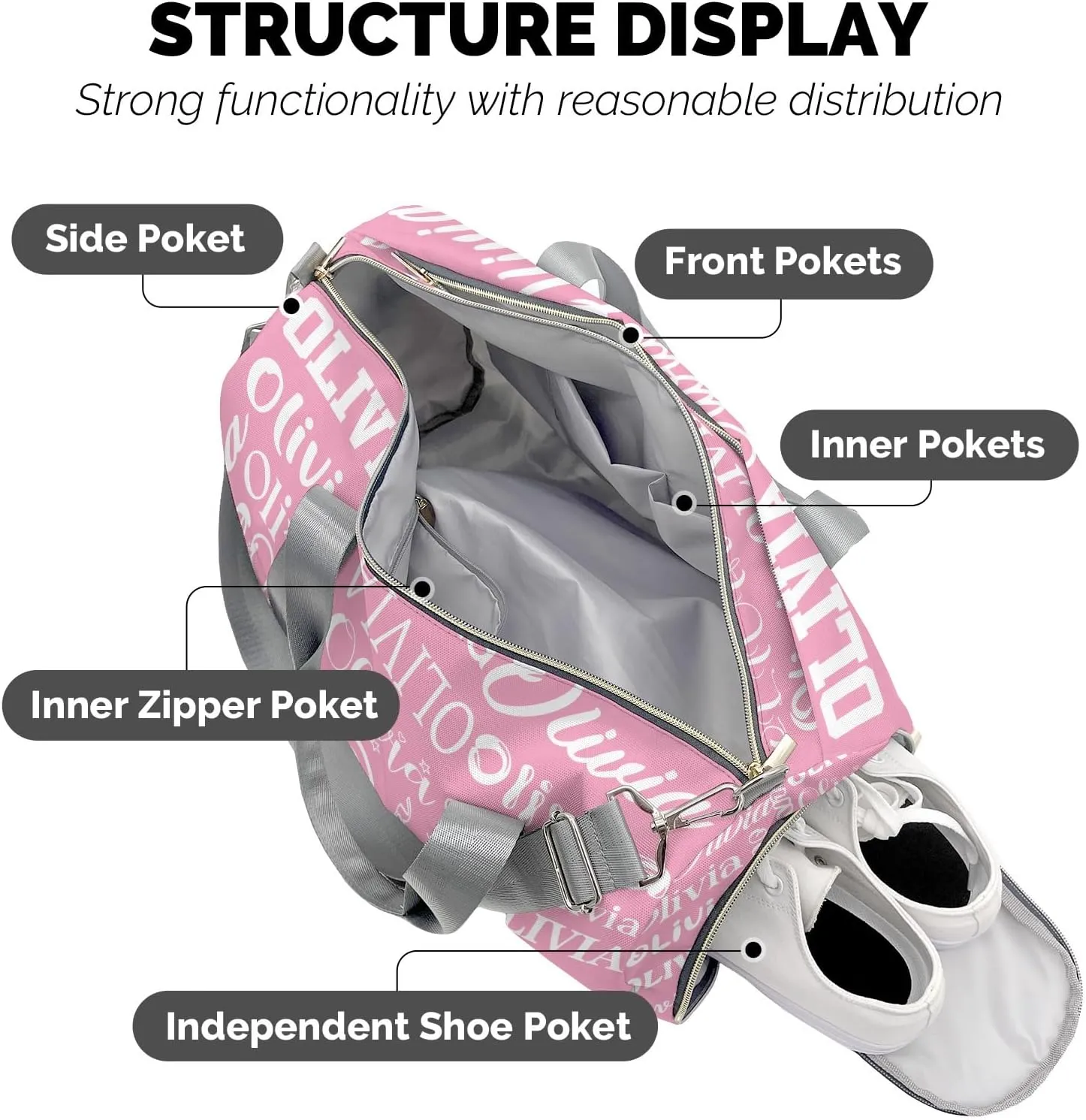 Light Pink Personalized Duffel Bag with Name Text Custom Travel Bag for Woman Men Sports Gym Dance Bags Wet Dry Pockets Shoe Compartment Overnight Weekend Bag