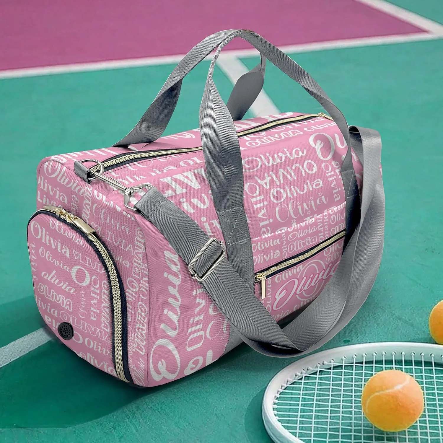 Light Pink Personalized Duffel Bag with Name Text Custom Travel Bag for Woman Men Sports Gym Dance Bags Wet Dry Pockets Shoe Compartment Overnight Weekend Bag