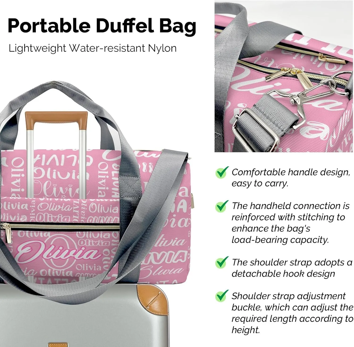 Light Pink Personalized Duffel Bag with Name Text Custom Travel Bag for Woman Men Sports Gym Dance Bags Wet Dry Pockets Shoe Compartment Overnight Weekend Bag