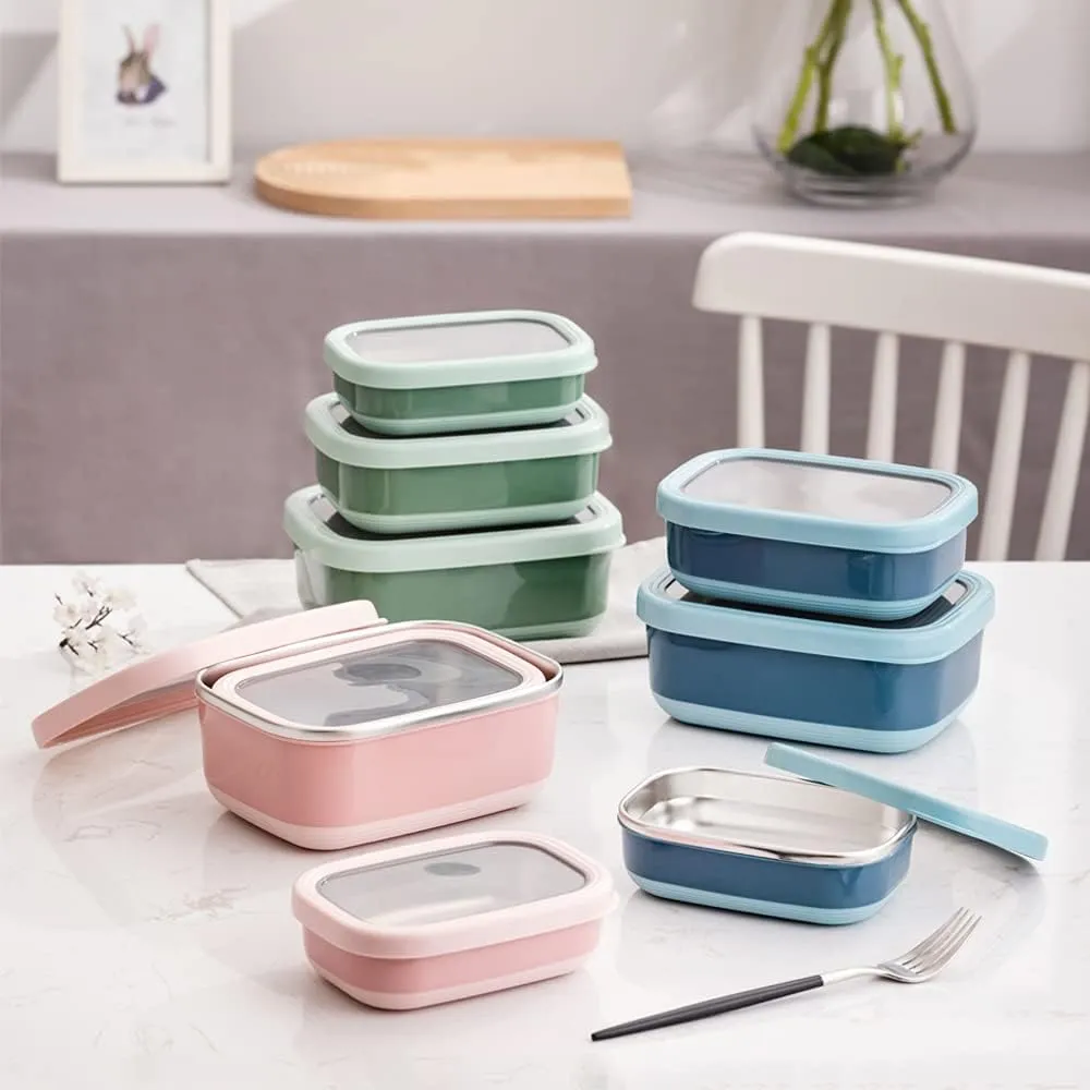 Lille Home Leak Proof Steel Food Containers - Snack Stainless Steel Containers - Ideal for Educational Settings & Daycare - Nesting Trio with Silicone Lids - 47oz 30oz 16oz - Dark Blue