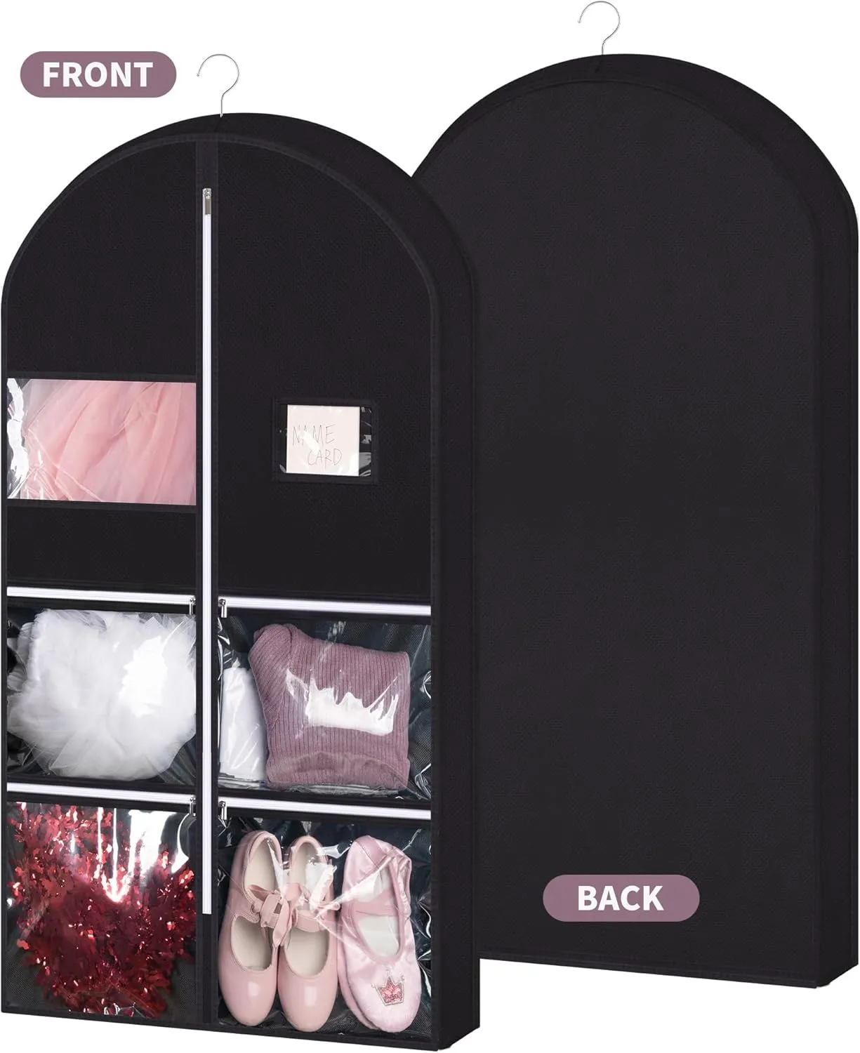 Linodes Dance Costume Bags Garment Bag 40'' for Dance Travel/Competition Storage with 4 Medium Clear Zipper Pockets and 1 Large Back Zipper Pocket-Fabric & PVC-Black (Black-Fabric & PVC, 40''- 3 Pack)