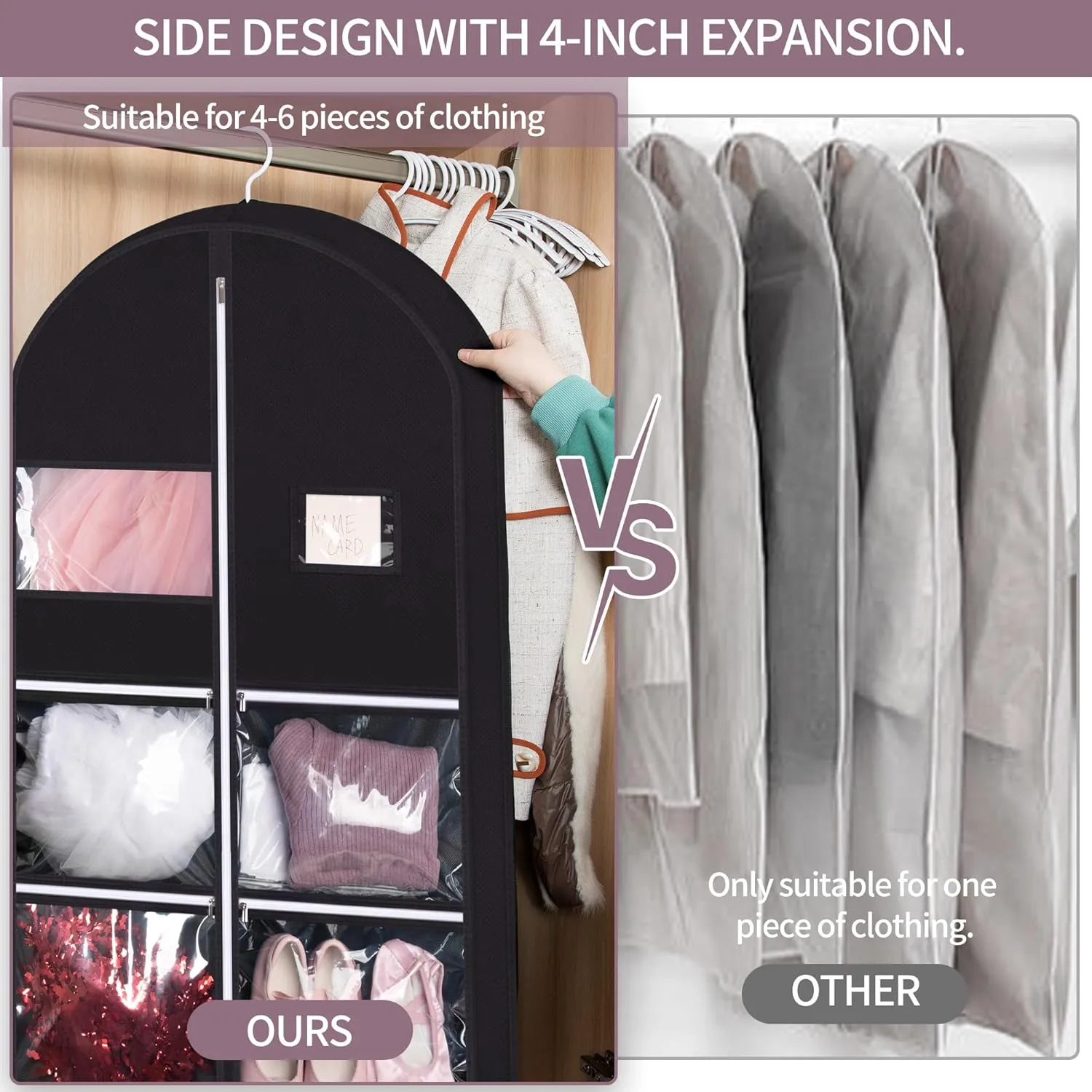 Linodes Dance Costume Bags Garment Bag 40'' for Dance Travel/Competition Storage with 4 Medium Clear Zipper Pockets and 1 Large Back Zipper Pocket-Fabric & PVC-Black (Black-Fabric & PVC, 40''- 3 Pack)