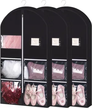 Linodes Dance Costume Bags Garment Bag 40'' for Dance Travel/Competition Storage with 4 Medium Clear Zipper Pockets and 1 Large Back Zipper Pocket-Fabric & PVC-Black (Black-Fabric & PVC, 40''- 3 Pack)