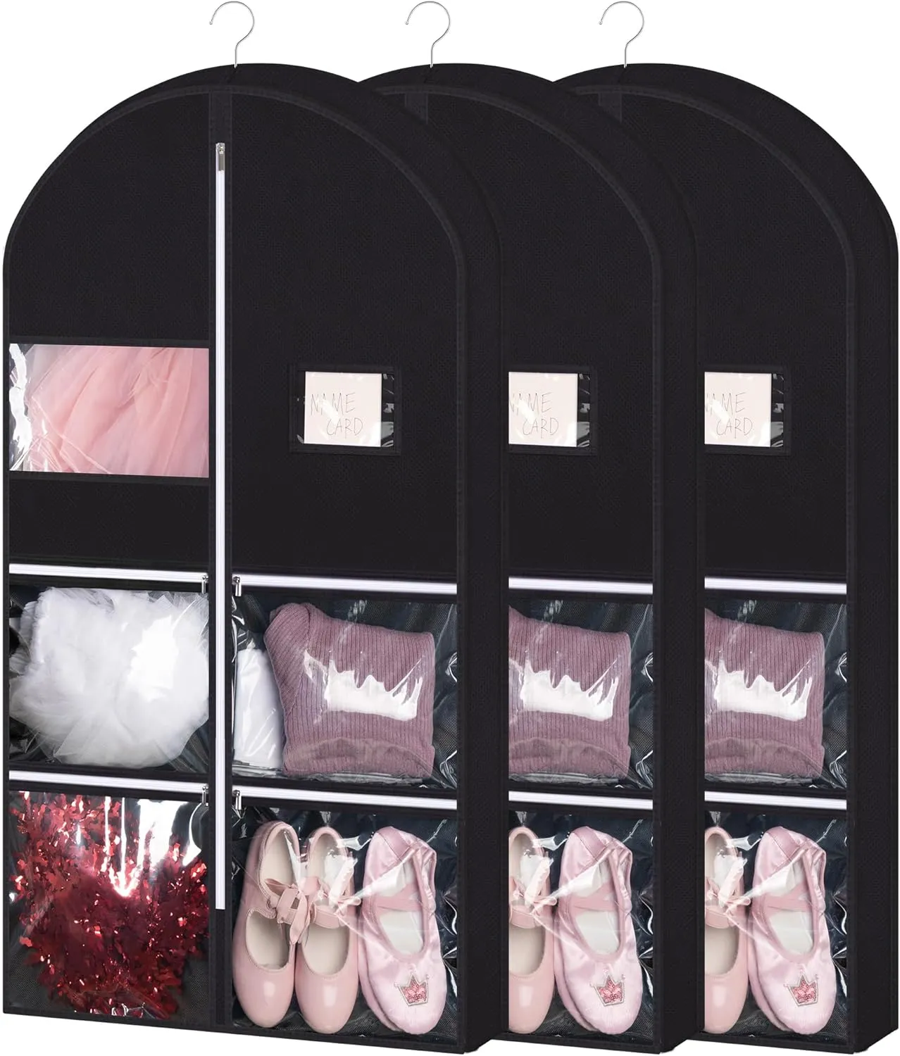 Linodes Dance Costume Bags Garment Bag 40'' for Dance Travel/Competition Storage with 4 Medium Clear Zipper Pockets and 1 Large Back Zipper Pocket-Fabric & PVC-Black (Black-Fabric & PVC, 40''- 3 Pack)