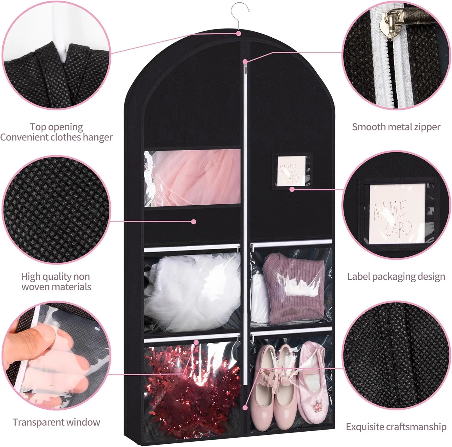 Linodes Dance Costume Bags Garment Bag 40'' for Dance Travel/Competition Storage with 4 Medium Clear Zipper Pockets and 1 Large Back Zipper Pocket-Fabric & PVC-Black (Black-Fabric & PVC, 40''- 3 Pack)