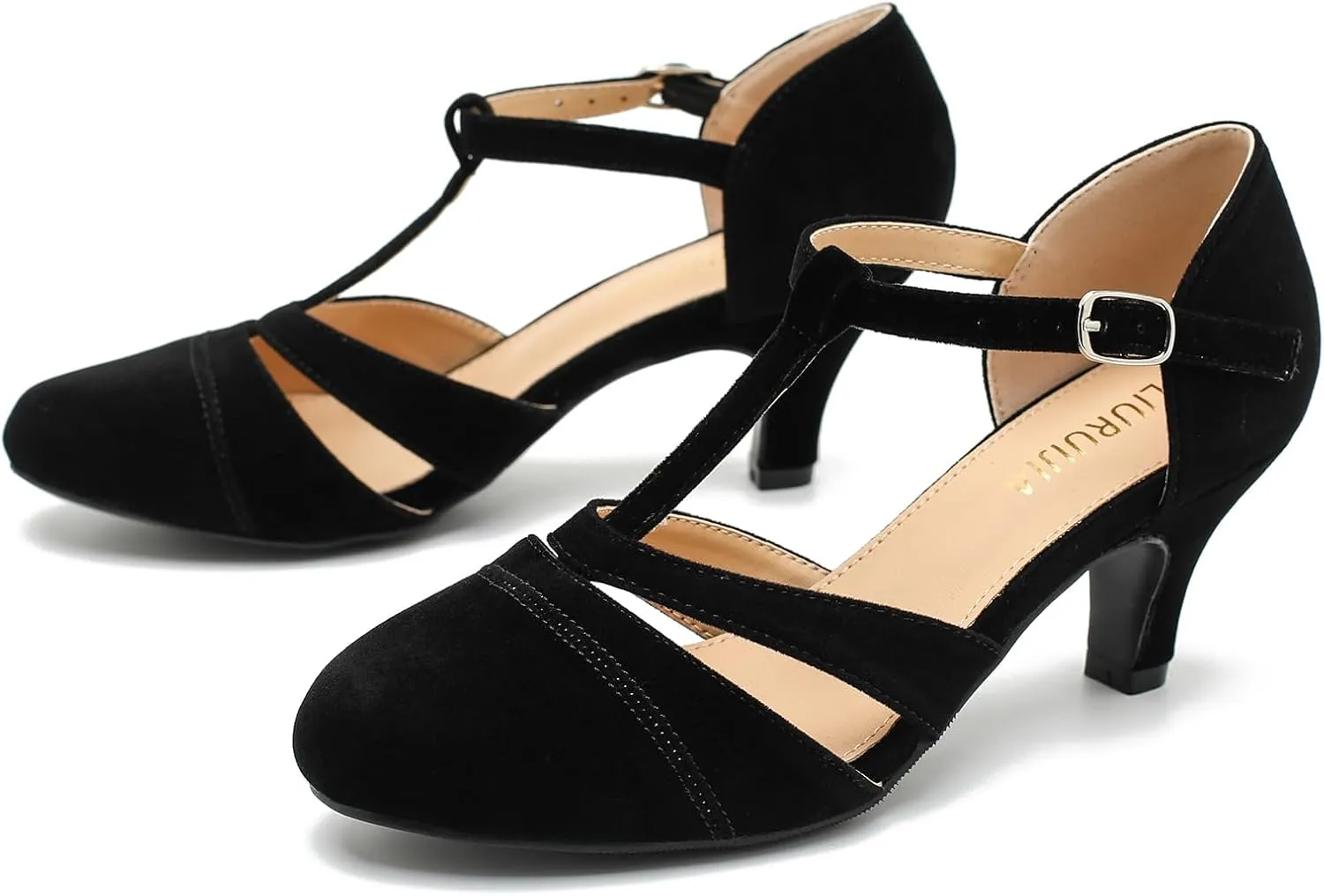 LIURUIJIA Womens T Strap Low Kitten Heels Cutout Pumps Closed Toe Mary Janes Wedding Ballroom Dance Dress Shoes