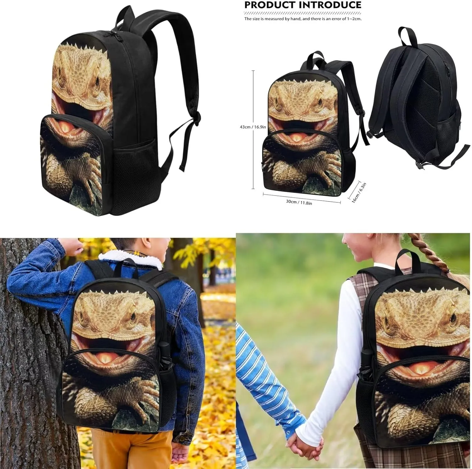Lizard Print School Backpack Set for Kids Girls Boys Elementary Primary Schoolbag Book Bag with Lunch Box Pencil Case Camo Set 3 In 1 Back to School Supplies