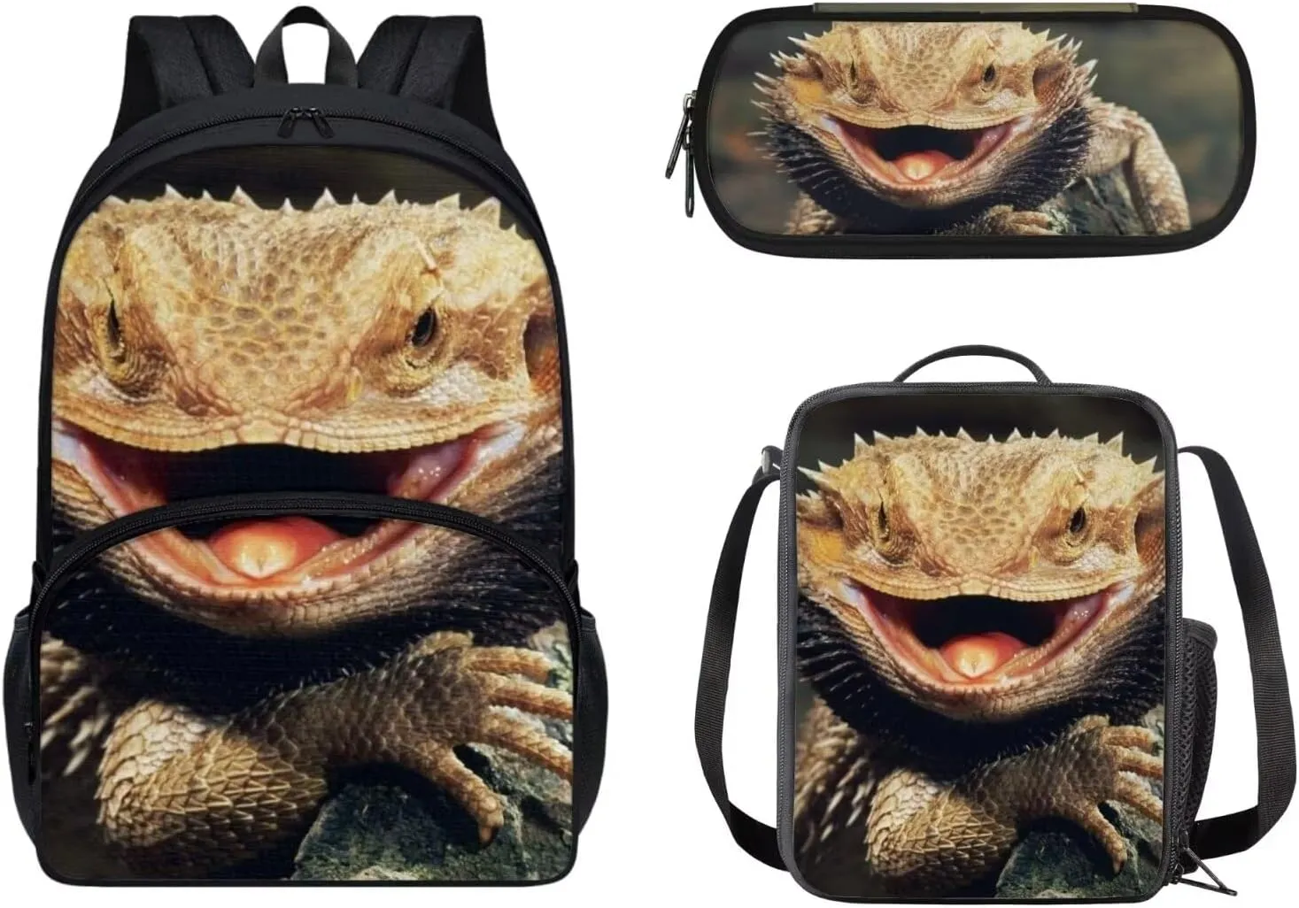 Lizard Print School Backpack Set for Kids Girls Boys Elementary Primary Schoolbag Book Bag with Lunch Box Pencil Case Camo Set 3 In 1 Back to School Supplies