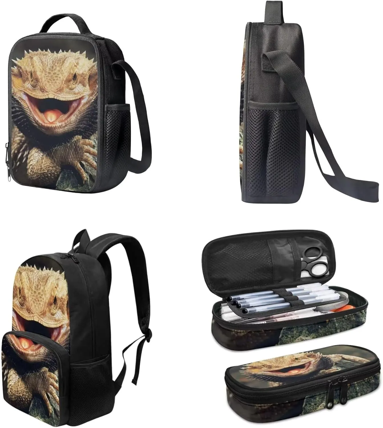 Lizard Print School Backpack Set for Kids Girls Boys Elementary Primary Schoolbag Book Bag with Lunch Box Pencil Case Camo Set 3 In 1 Back to School Supplies