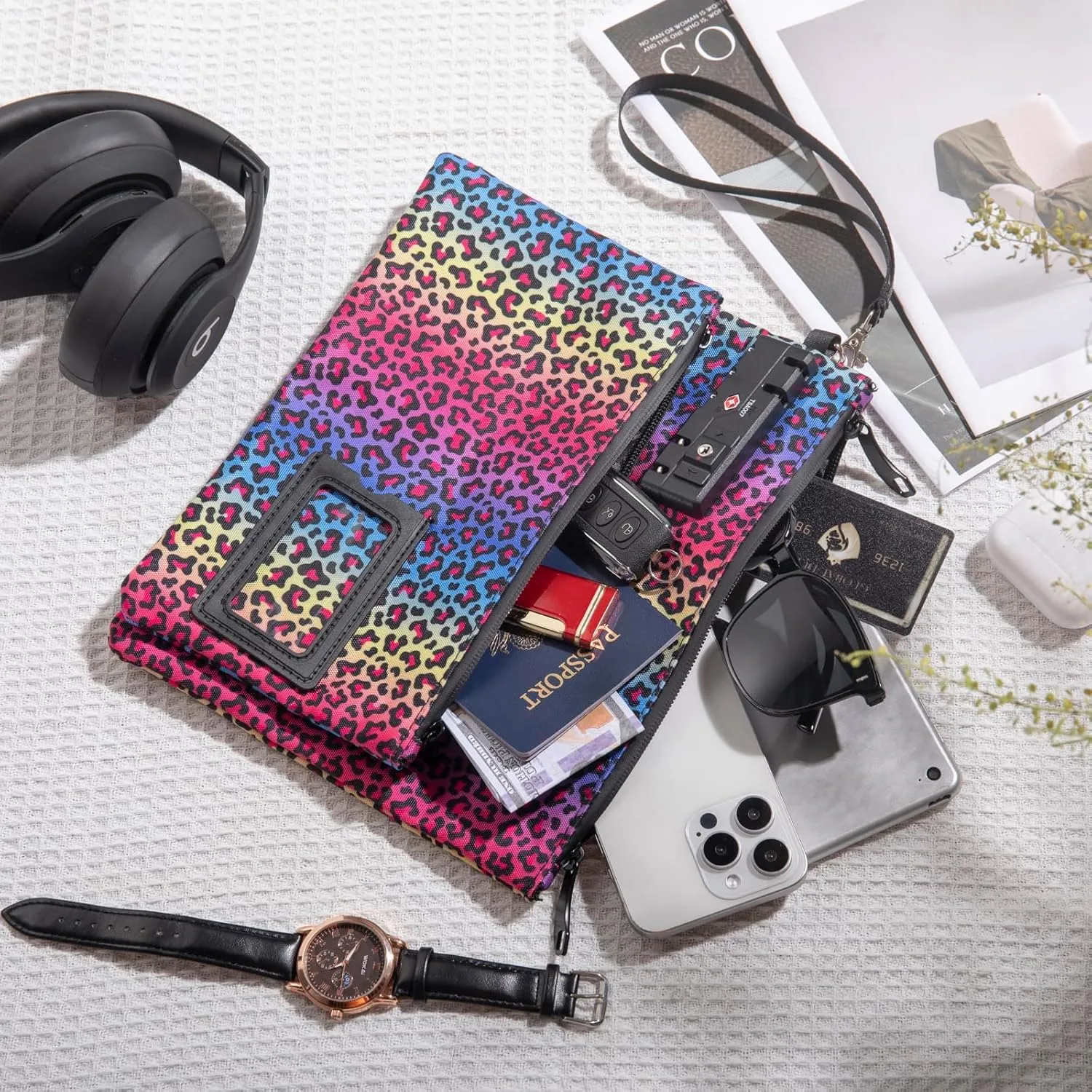 Lockable Money Bag - 11x8.6 Inch Durable Nylon Bank Pouch Travel Organizer for Passport, Cash, Medicine, Notary Supplies & Valuables (Neon Leopard)