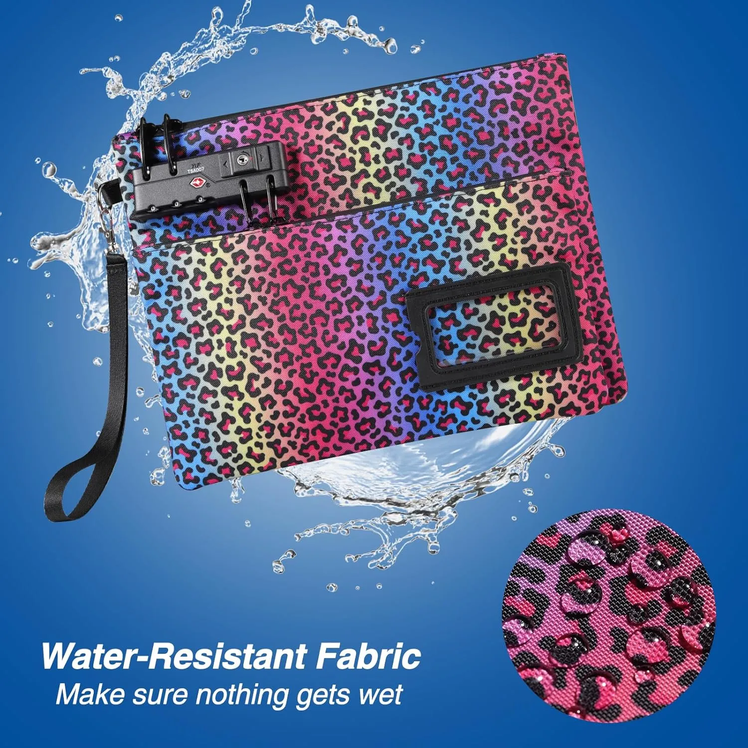 Lockable Money Bag - 11x8.6 Inch Durable Nylon Bank Pouch Travel Organizer for Passport, Cash, Medicine, Notary Supplies & Valuables (Neon Leopard)