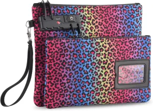 Lockable Money Bag - 11x8.6 Inch Durable Nylon Bank Pouch Travel Organizer for Passport, Cash, Medicine, Notary Supplies & Valuables (Neon Leopard)