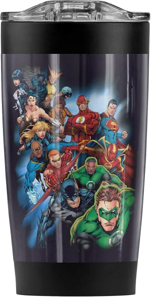 Logovision Justice League Mighty Heroes Unite Stainless Steel Tumbler 20 oz Coffee Travel Mug/Cup, Vacuum Insulated & Double Wall with Leakproof Sliding Lid | Great for Hot Drinks and Cold Beverages