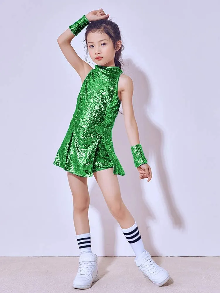 LOLANTA Girls Sequins Dance Clothes Dress 4-12 Yrs Sparkle Hip Hop Jazz Dance Outfit, Sleeveless Top and Shorts