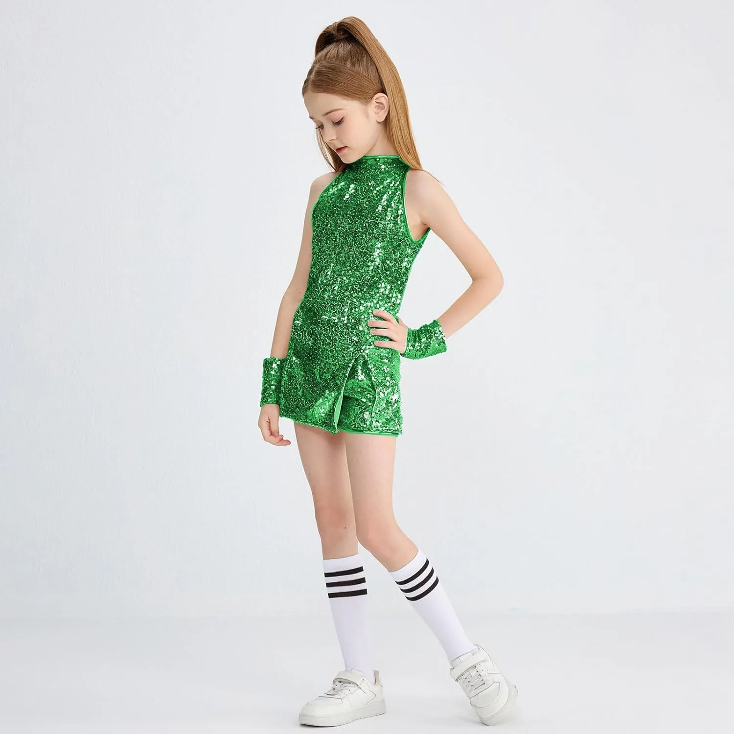 LOLANTA Girls Sequins Dance Clothes Dress 4-12 Yrs Sparkle Hip Hop Jazz Dance Outfit, Sleeveless Top and Shorts