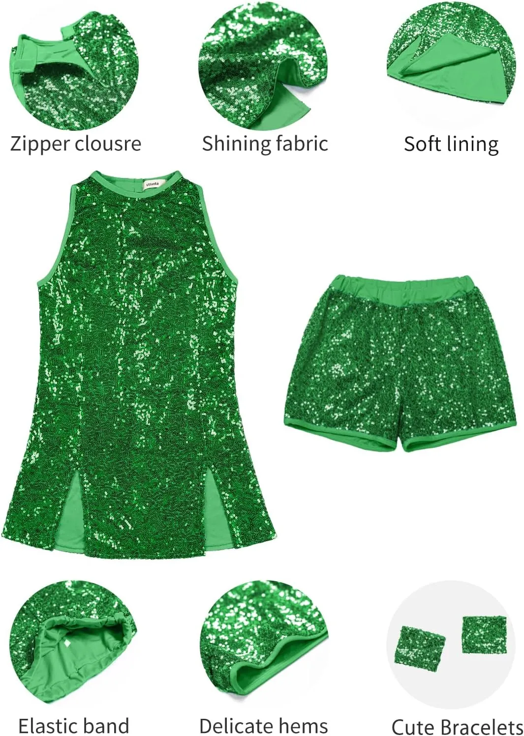 LOLANTA Girls Sequins Dance Clothes Dress 4-12 Yrs Sparkle Hip Hop Jazz Dance Outfit, Sleeveless Top and Shorts