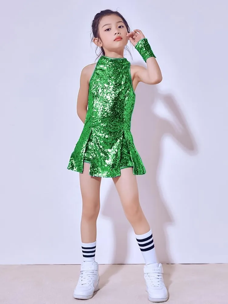 LOLANTA Girls Sequins Dance Clothes Dress 4-12 Yrs Sparkle Hip Hop Jazz Dance Outfit, Sleeveless Top and Shorts