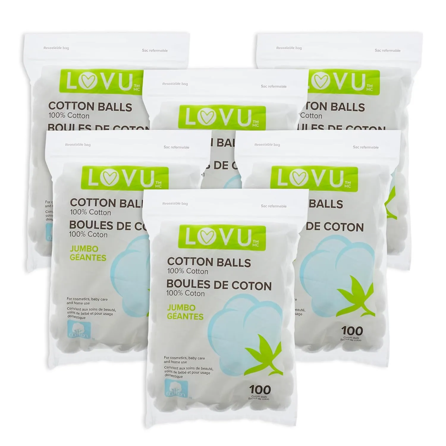 LOVU Jumbo Cotton Balls 6-Pack - 600 Count Total, Extra Large Cotton Balls for Beauty & Cleaning