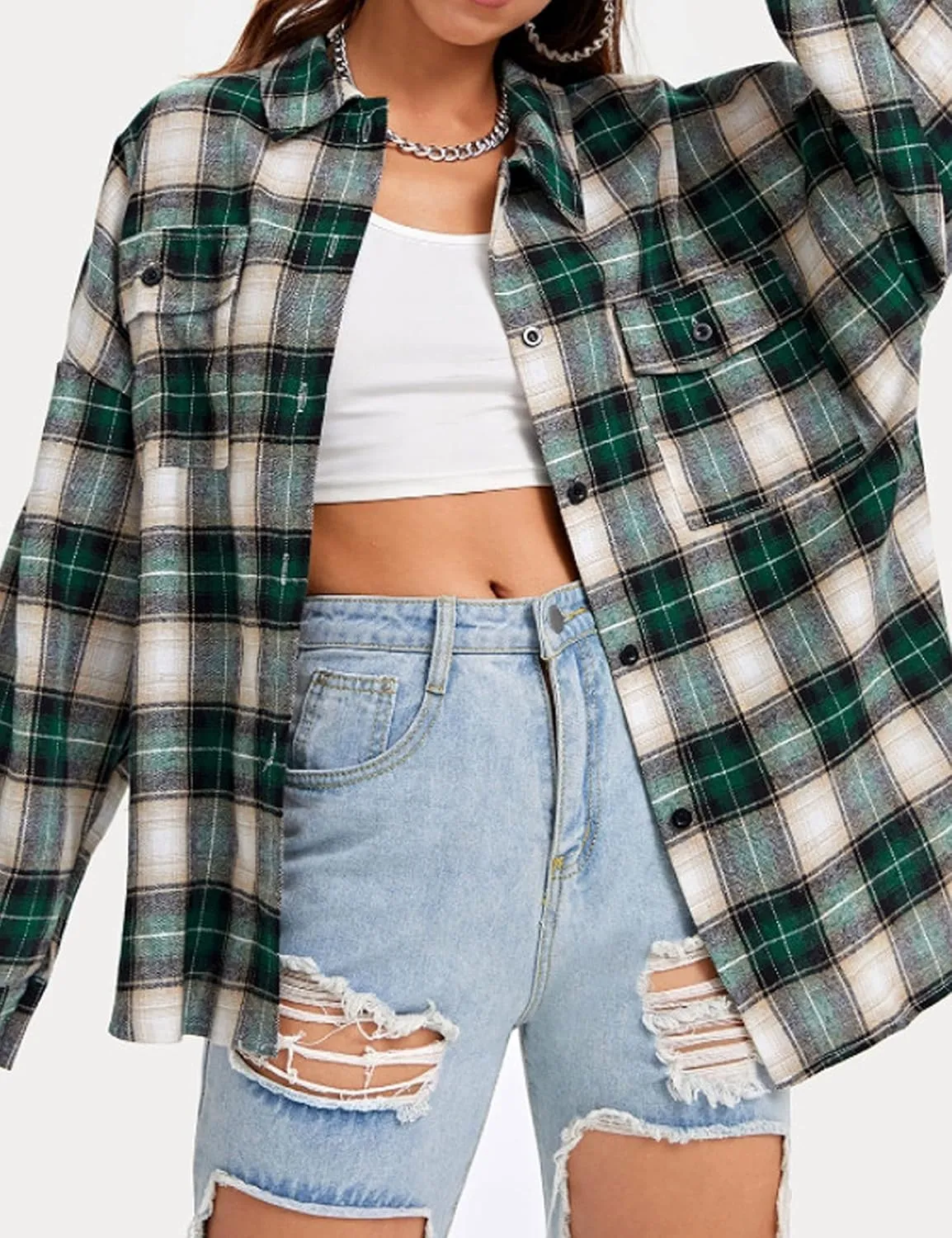 Lumister Oversized Flannel Shirt Women Long Sleeve Plaid Button Buffalo Shirt Blouse Tops with One Pocket