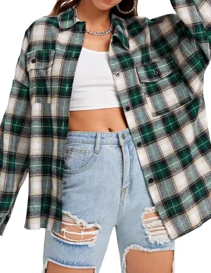Lumister Oversized Flannel Shirt Women Long Sleeve Plaid Button Buffalo Shirt Blouse Tops with One Pocket
