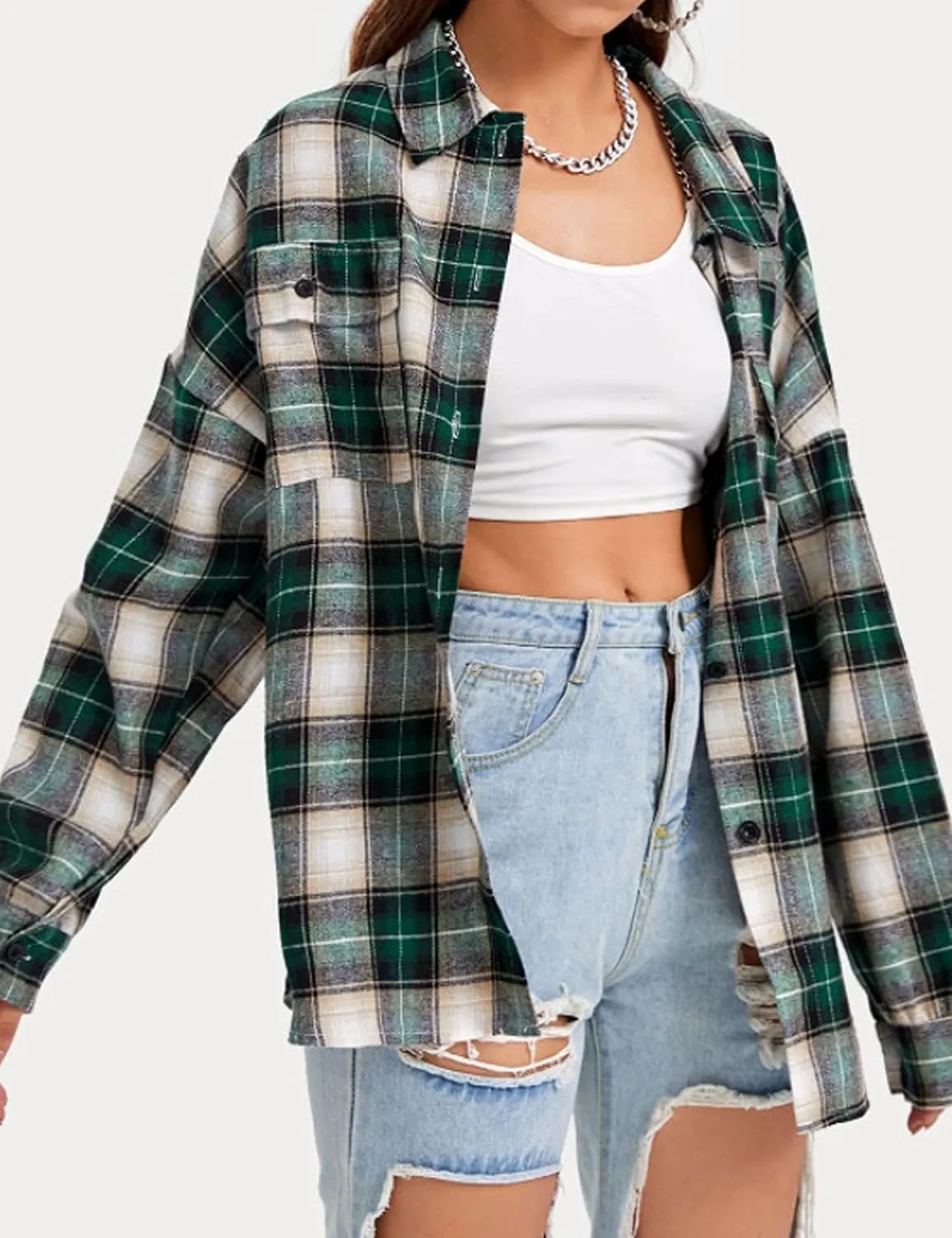 Lumister Oversized Flannel Shirt Women Long Sleeve Plaid Button Buffalo Shirt Blouse Tops with One Pocket