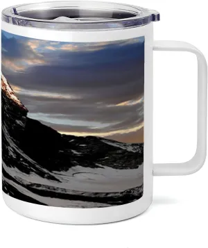 Lunarable Mountain 10 Oz Steel Mug, Sunrise at Matterhorn Twilight on a Snowy Mountain Serenity in the Nature, Vacuum Insulated Leak-resistant Cup for Outdoor Hiking and Picnics, Black White Brown
