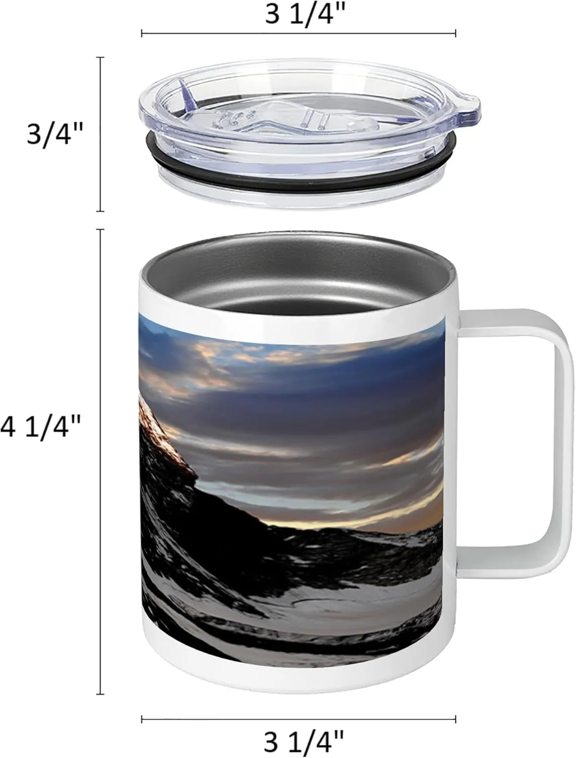 Lunarable Mountain 10 Oz Steel Mug, Sunrise at Matterhorn Twilight on a Snowy Mountain Serenity in the Nature, Vacuum Insulated Leak-resistant Cup for Outdoor Hiking and Picnics, Black White Brown