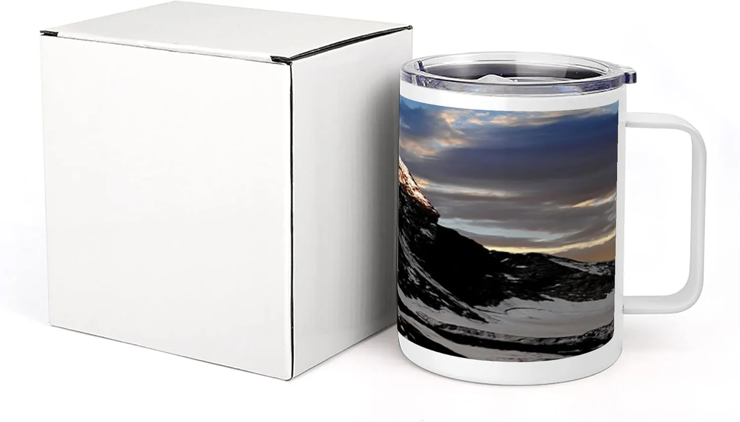 Lunarable Mountain 10 Oz Steel Mug, Sunrise at Matterhorn Twilight on a Snowy Mountain Serenity in the Nature, Vacuum Insulated Leak-resistant Cup for Outdoor Hiking and Picnics, Black White Brown
