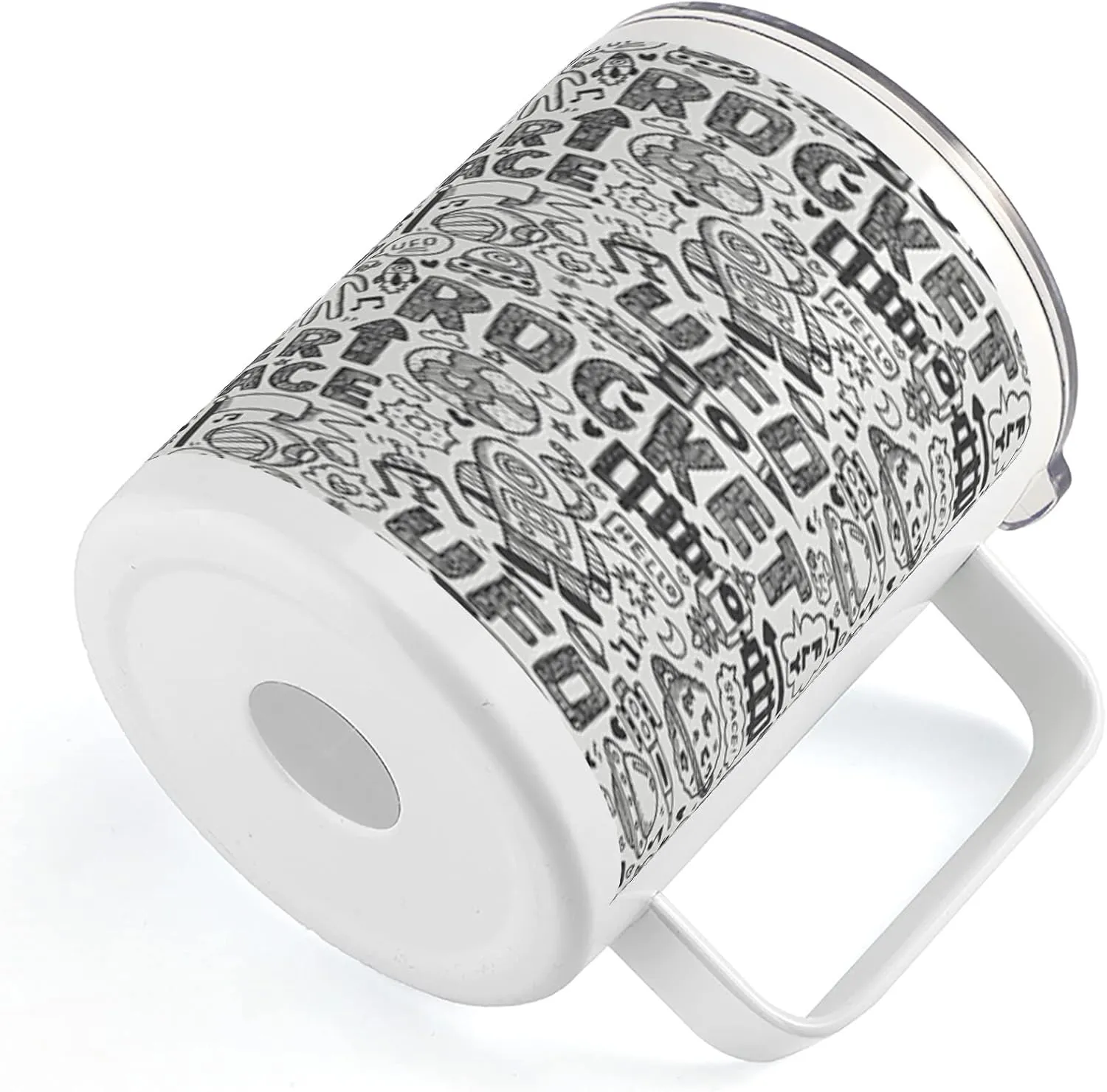 Lunarable Outer Space 10 Oz Steel Mug, Doodle Pattern with Astronauts Satellite Rocket Spaceship Spacecraft Planets, Vacuum Insulated Leak-resistant Cup for Outdoor Hiking and Picnics, Black White
