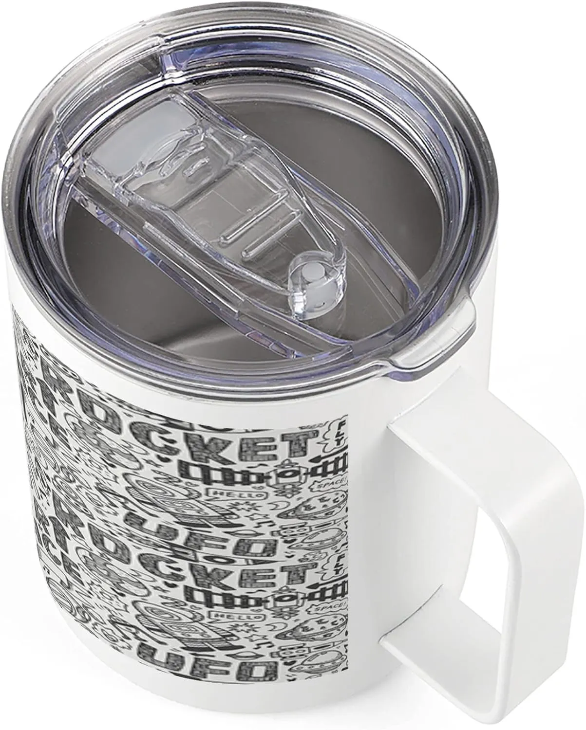 Lunarable Outer Space 10 Oz Steel Mug, Doodle Pattern with Astronauts Satellite Rocket Spaceship Spacecraft Planets, Vacuum Insulated Leak-resistant Cup for Outdoor Hiking and Picnics, Black White