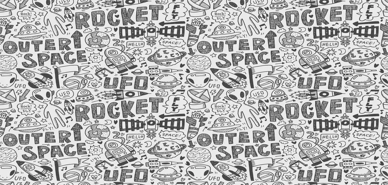 Lunarable Outer Space 10 Oz Steel Mug, Doodle Pattern with Astronauts Satellite Rocket Spaceship Spacecraft Planets, Vacuum Insulated Leak-resistant Cup for Outdoor Hiking and Picnics, Black White