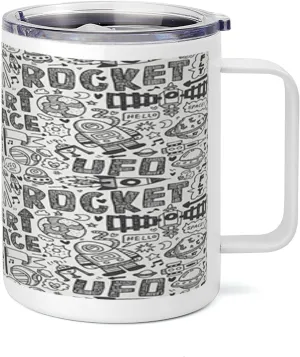 Lunarable Outer Space 10 Oz Steel Mug, Doodle Pattern with Astronauts Satellite Rocket Spaceship Spacecraft Planets, Vacuum Insulated Leak-resistant Cup for Outdoor Hiking and Picnics, Black White