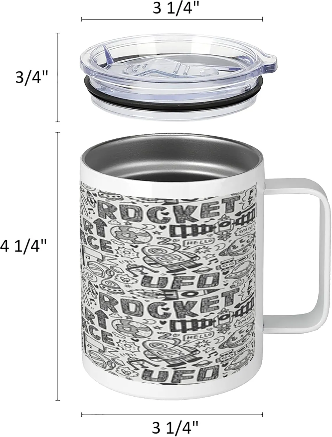 Lunarable Outer Space 10 Oz Steel Mug, Doodle Pattern with Astronauts Satellite Rocket Spaceship Spacecraft Planets, Vacuum Insulated Leak-resistant Cup for Outdoor Hiking and Picnics, Black White