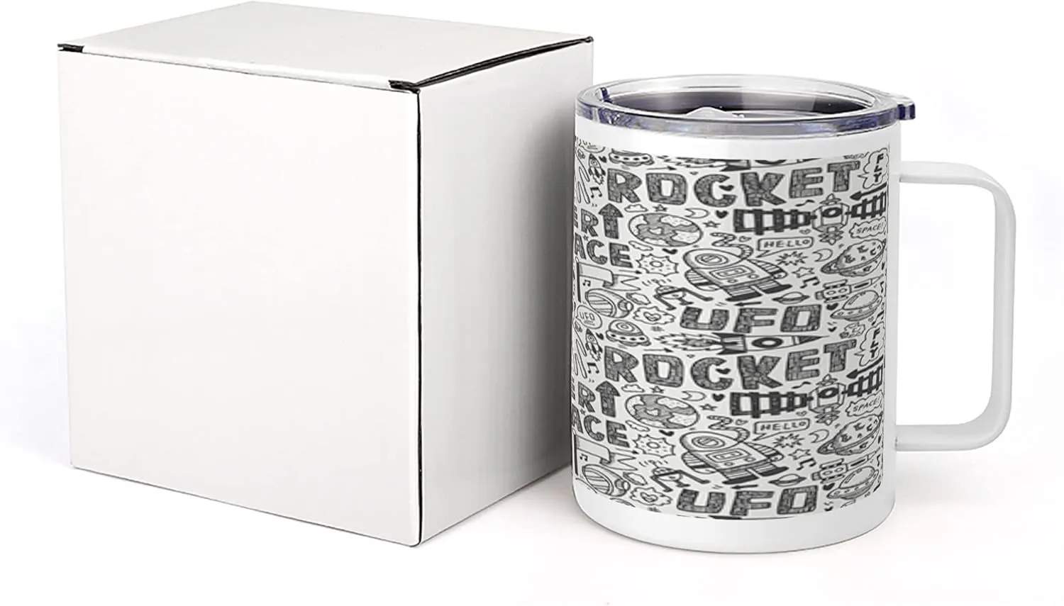 Lunarable Outer Space 10 Oz Steel Mug, Doodle Pattern with Astronauts Satellite Rocket Spaceship Spacecraft Planets, Vacuum Insulated Leak-resistant Cup for Outdoor Hiking and Picnics, Black White