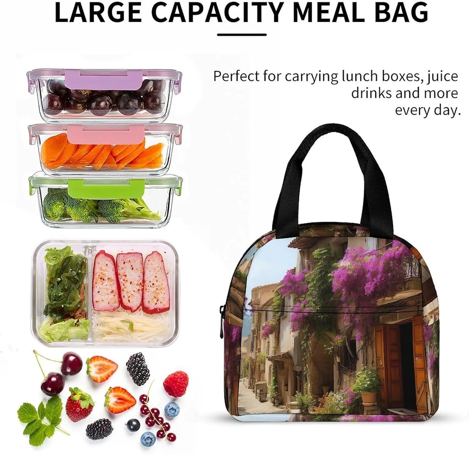 Lunch Bag for Women Men Portable Insulated Lunch Box Beautiful Old Town of Provence LunchBox Reusable Tote Bags for Work Picnic