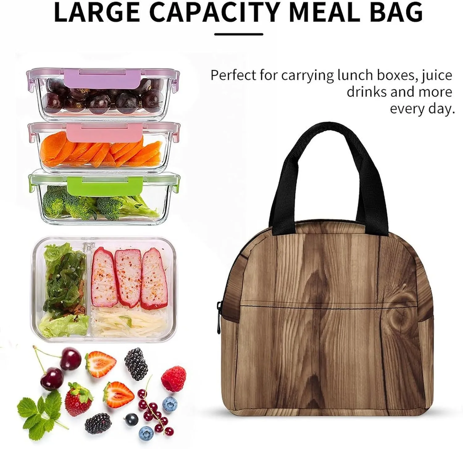 Lunch Bag for Women Men Portable Insulated Lunch Box Wood Grain LunchBox Reusable Tote Bags for Work Picnic