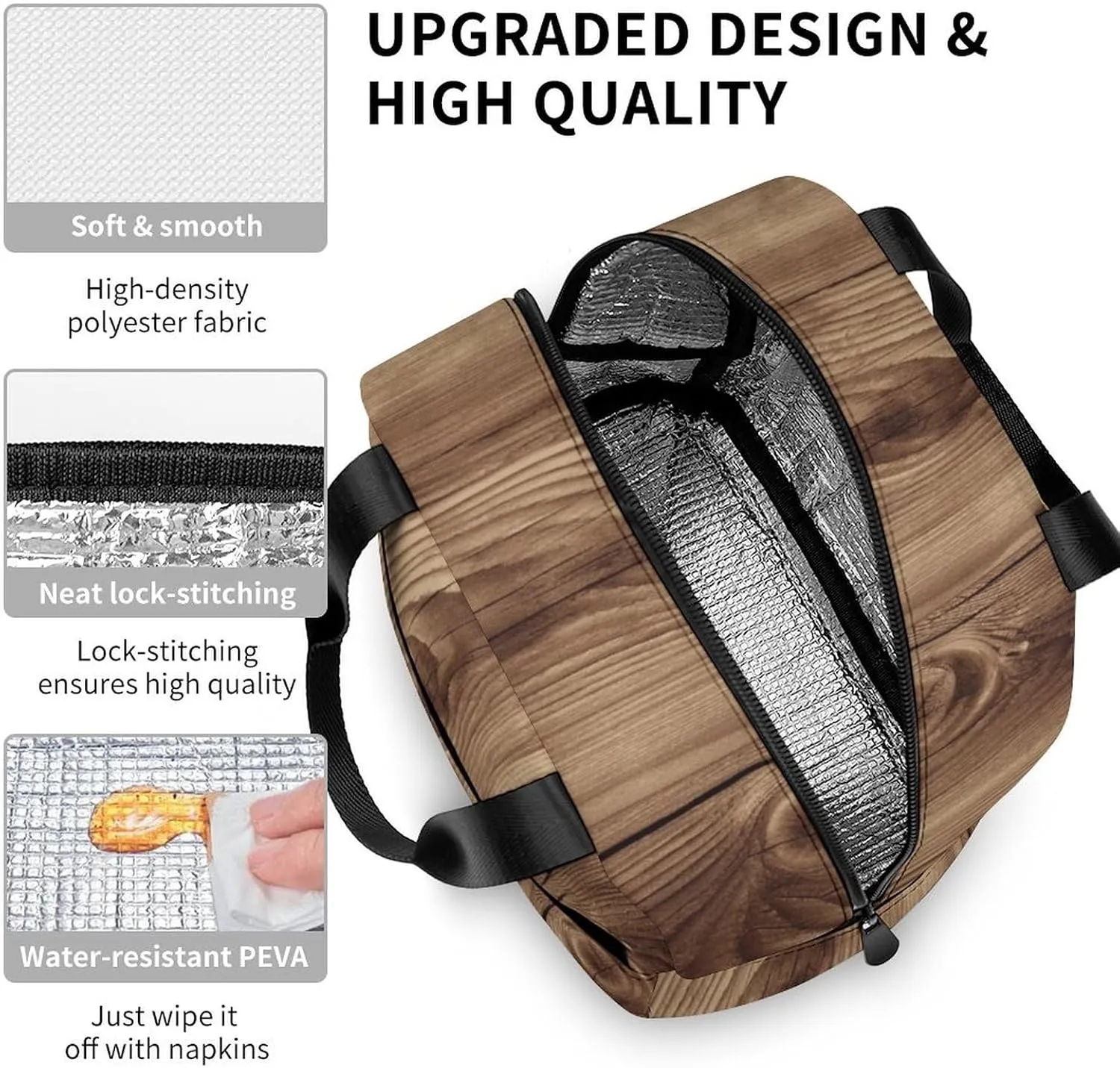 Lunch Bag for Women Men Portable Insulated Lunch Box Wood Grain LunchBox Reusable Tote Bags for Work Picnic