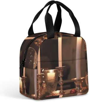 Lunch Bag Insulated Lunch Box for Women Men Reusable Lunch Tote Bag with Front Pocket Candle Holder on Dining Table Leakproof Cooler Bag Lunchbox for Office Work Travel Picnic, 22*20*13cm