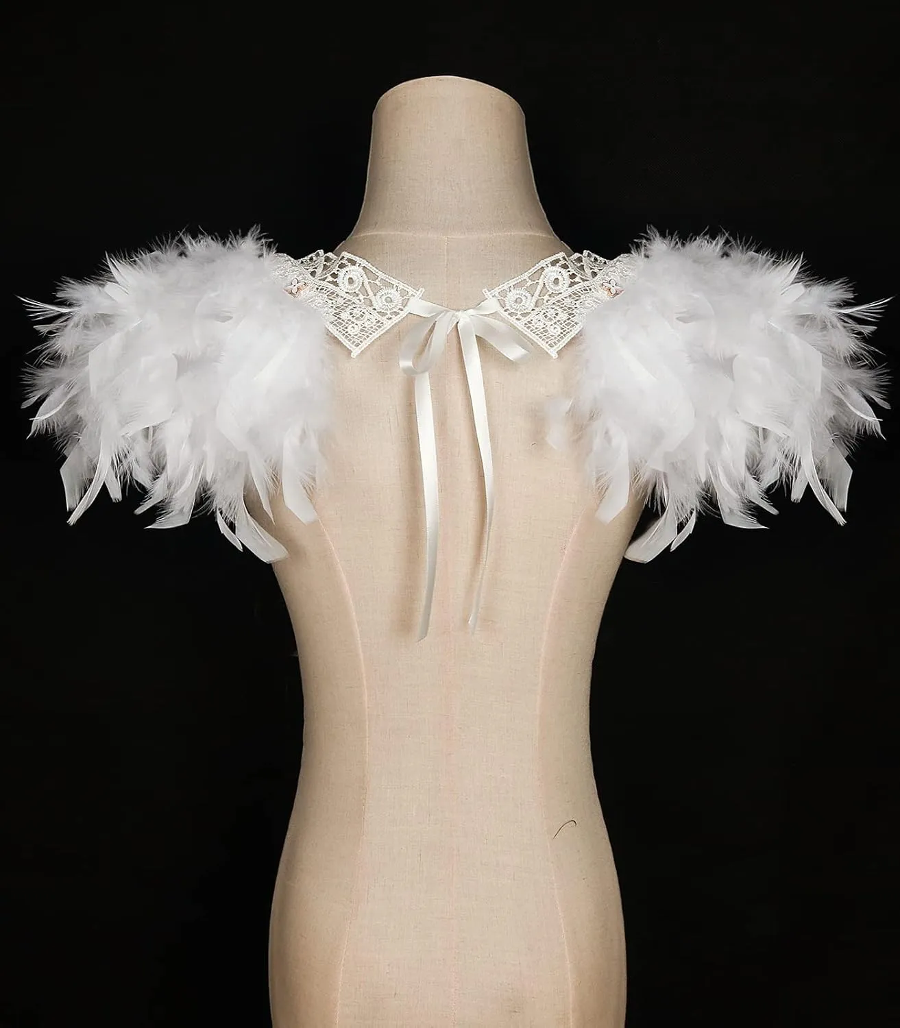L'VOW Gothic Women Poncho Collar Natural Feather Short Cape Lace Epaulet Shoulder Shrug Wings Halloween Costume
