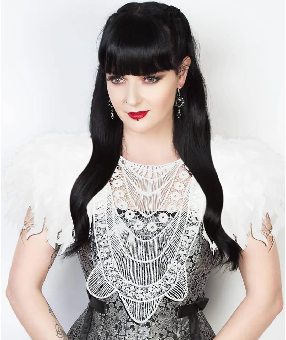 L'VOW Gothic Women Poncho Collar Natural Feather Short Cape Lace Epaulet Shoulder Shrug Wings Halloween Costume