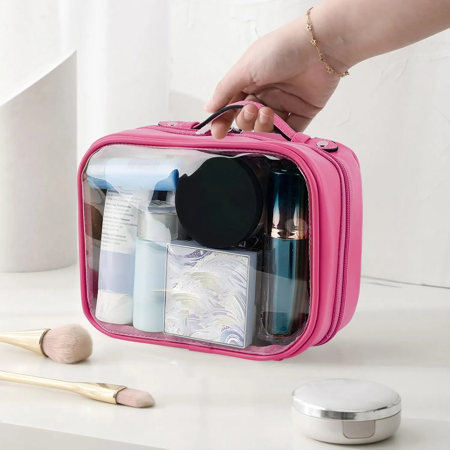 Lychii TSA Approved Toiletry Bag, Clear Travel Bag for Liquids Toiletries, Makeup Cosmetic Bag Organizer, Carry on Travel Accessories Essentials, Rose Red