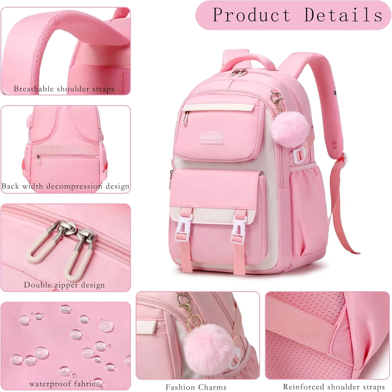 Makukke School Backpack for Girls Book Bag Set, School Bag for Teens Girls Kid Children Elementary Middle School Student, Waterproof Purple Backpack