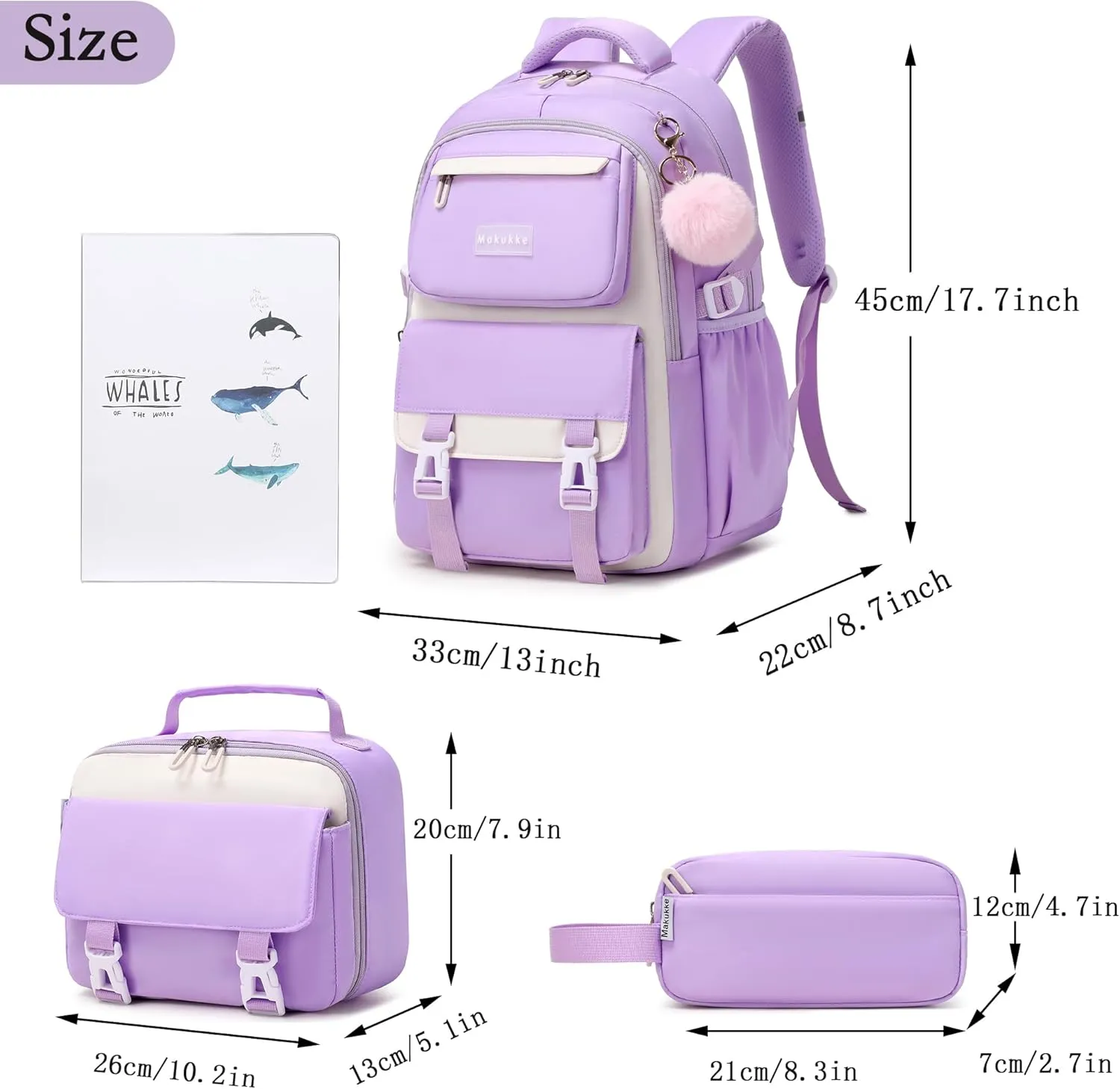 Makukke School Backpack for Girls Book Bag Set, School Bag for Teens Girls Kid Children Elementary Middle School Student, Waterproof Purple Backpack