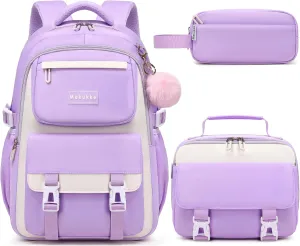 Makukke School Backpack for Girls Book Bag Set, School Bag for Teens Girls Kid Children Elementary Middle School Student, Waterproof Purple Backpack