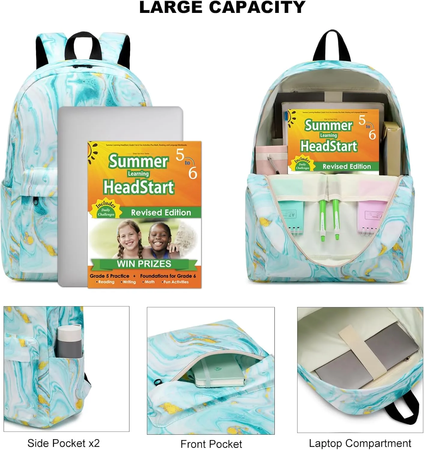 Marble Turquoise Backpack for Girls Kids School Bag Teens Women College Bookbag Casual Daypack (Teal)