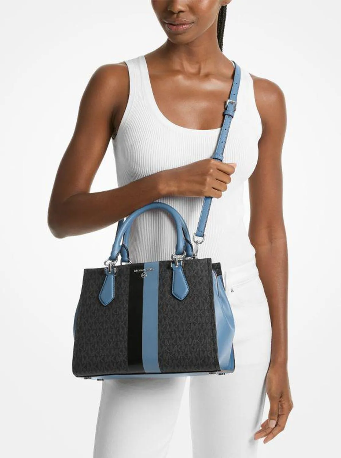 Marilyn Medium Signature Logo Stripe Satchel
