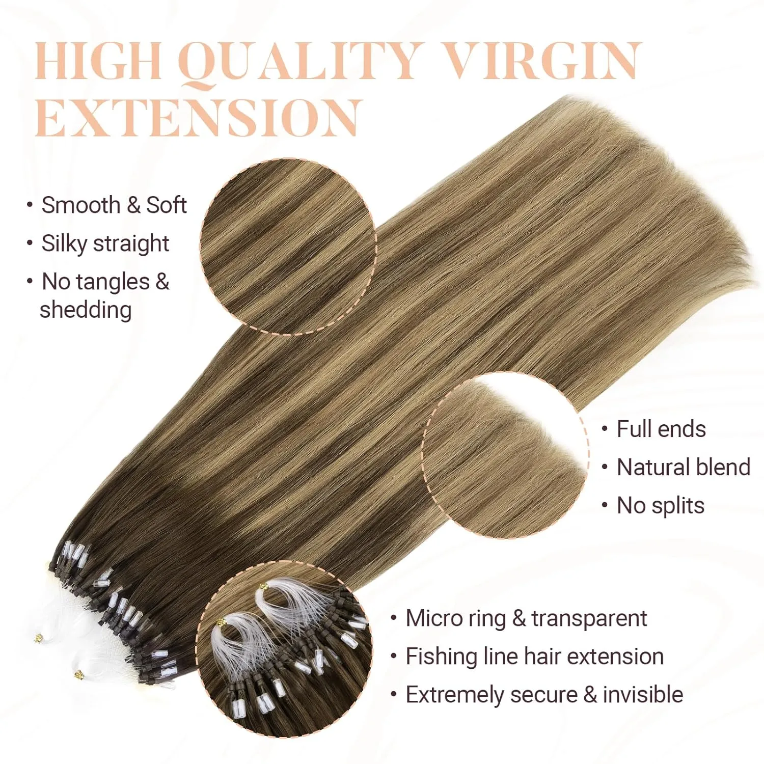 MAXITA Microlink Hair Extensions Human Hair Balayage Dark Brown Mixed Chestnut Brown Micro Bead Hair Extensions Virgin Human Hair, 50g/50 Strands/Pack, 24 In